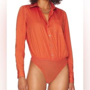 Free People POWER MOVE Button Down Woven Bodysuit orange red SZ L cotton